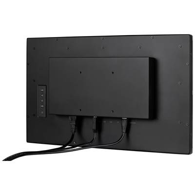 De achterkant van een zwarte monitor met kabels in de aansluitingen. Aan de linkerzijkant bevinden zich enkele toetsen.