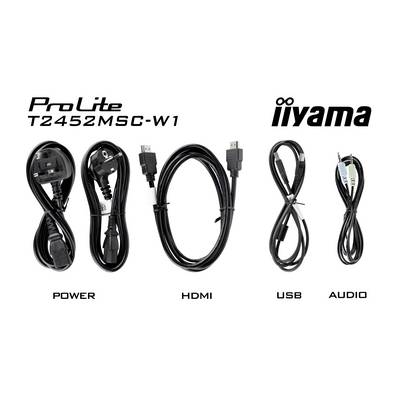 De afbeelding toont vier kabels: 'POWER', 'HDMI', 'USB' en 'AUDIO', elk voorzien van een label, naast de tekst 'ProLite T2452MSC-W1' en het logo 'iiyama'.