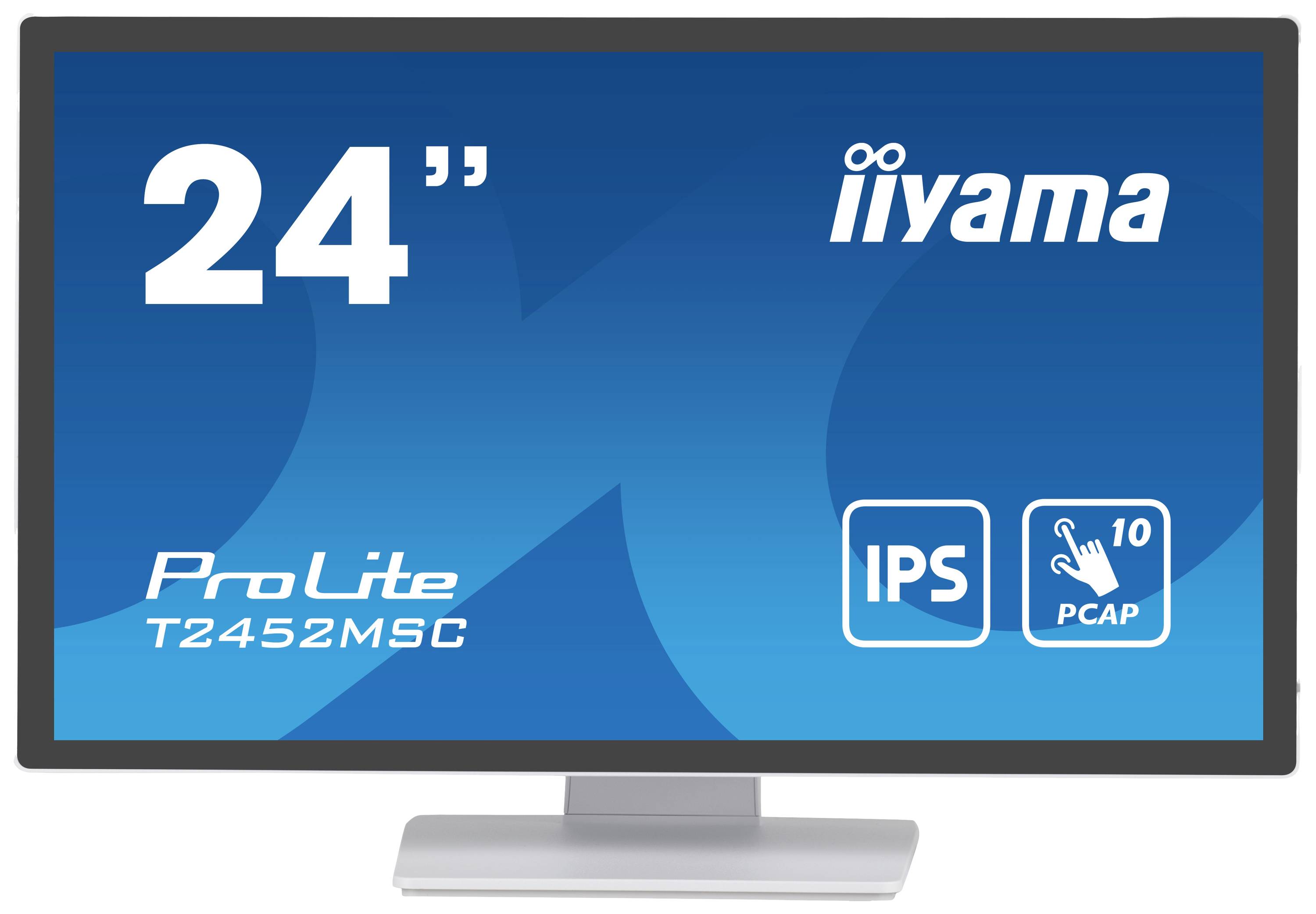 Een Iiyama computermonitor met het modelaanduiding 'ProLite T2452MSC'. Op het display zijn '24"' en symbolen voor IPS en PCAP zichtbaar.