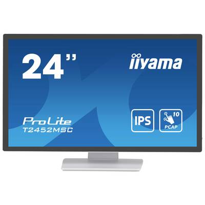 Een Iiyama computermonitor met het modelaanduiding 'ProLite T2452MSC'. Op het display zijn '24"' en symbolen voor IPS en PCAP zichtbaar.