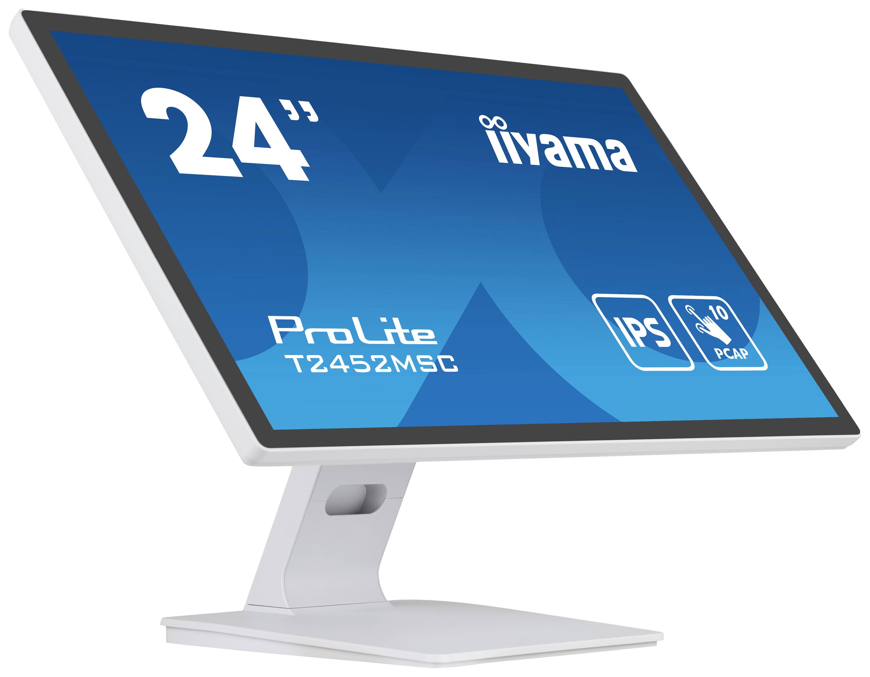 Monitor in zijaanzicht. Belangrijkste kenmerken op het scherm: '24"', 'IPS' en '10 PCAP'. Merklogo rechtsboven.