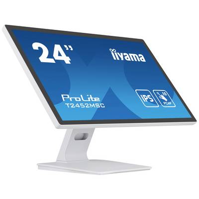 Monitor in zijaanzicht. Belangrijkste kenmerken op het scherm: '24"', 'IPS' en '10 PCAP'. Merklogo rechtsboven.