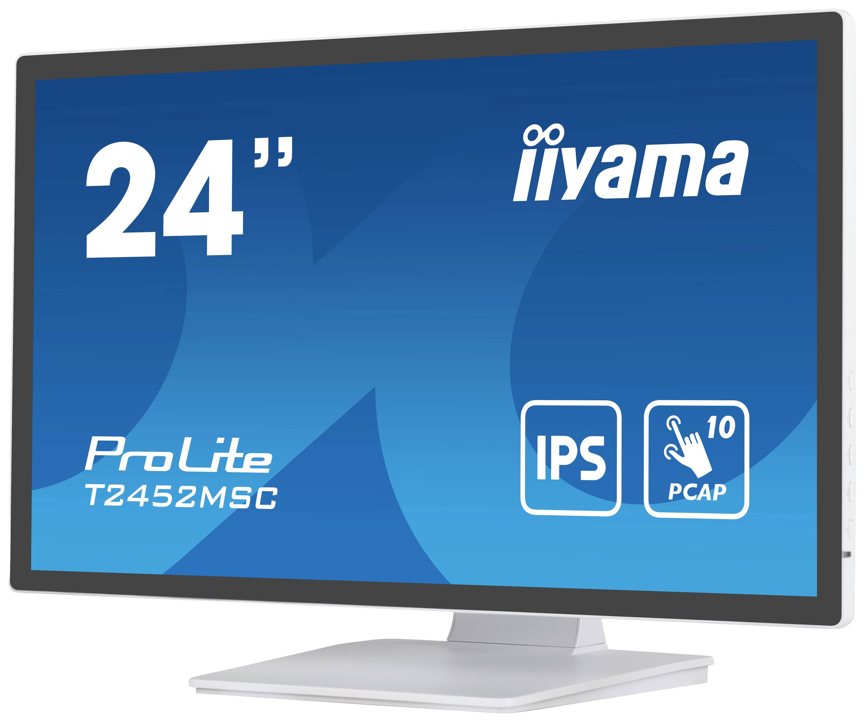 Een 24-inch iiyama ProLite T2452MSC monitor die de technologieën IPS en PCAP 10 ondersteunt.