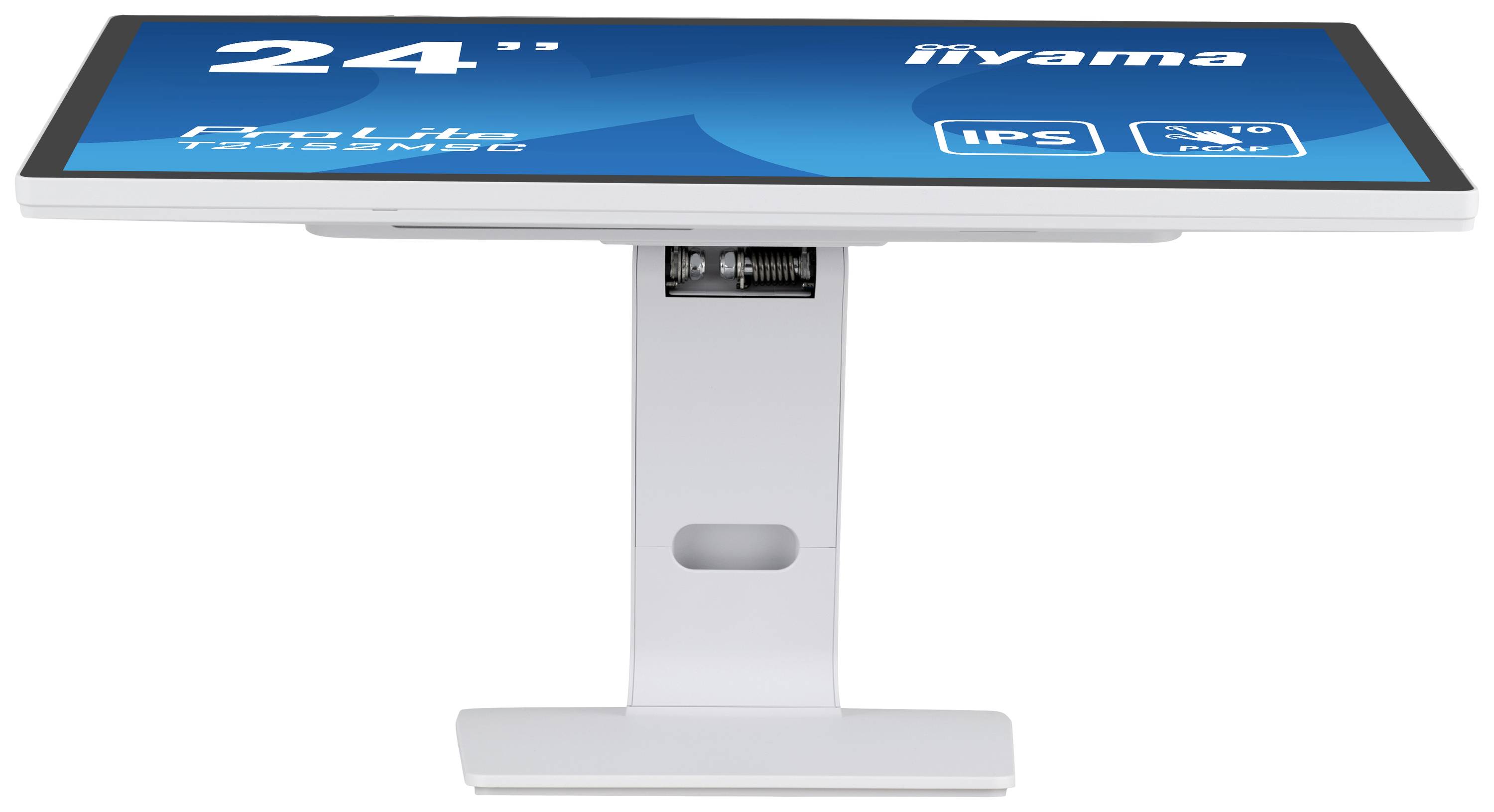 Een 24-inch lcd-scherm met een blauwe achtergrond en de tekst 'IPS'. Het scherm staat in verticale stand.