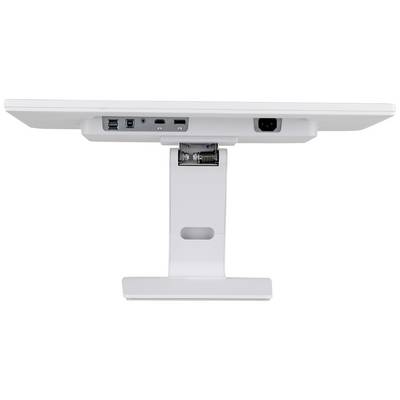 Onderkant van een witte monitor met geïntegreerde poorten: USB, HDMI en stroomaansluiting. Zicht op de standaard.