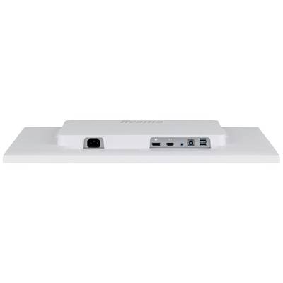 Achterkant van een witte monitor toont aansluitingen: stroomaansluiting, HDMI, DisplayPort, USB-A en USB-C poorten.