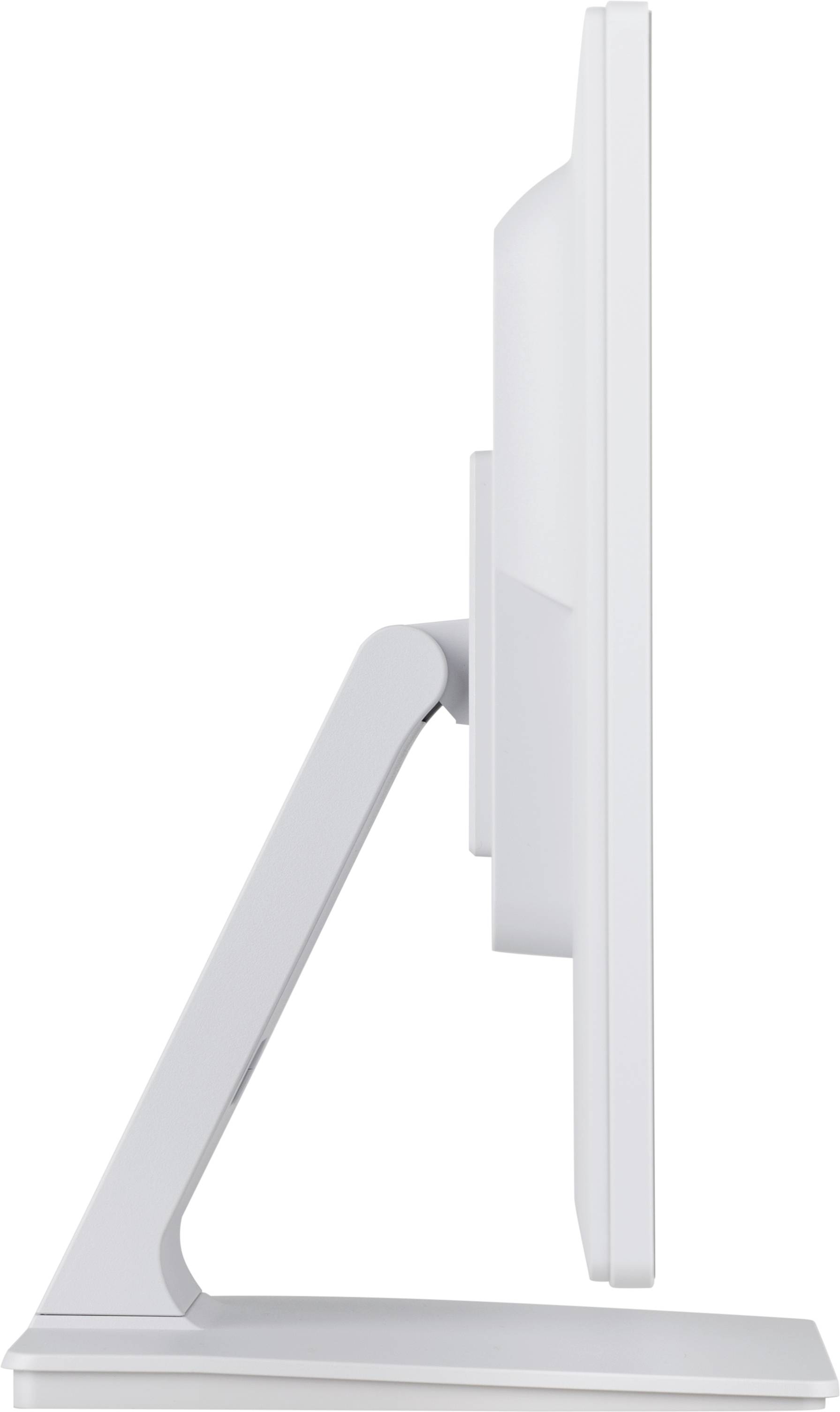 Een zijdelings afgebeelde computermonitor met een slanke, moderne vormgeving. De monitor staat op een stevig voetstuk.