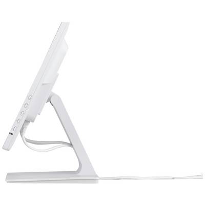 Een witte monitor van opzij, met knoppen aan de zijkant en een stevig aangesloten kabel die netjes op tafel ligt.
