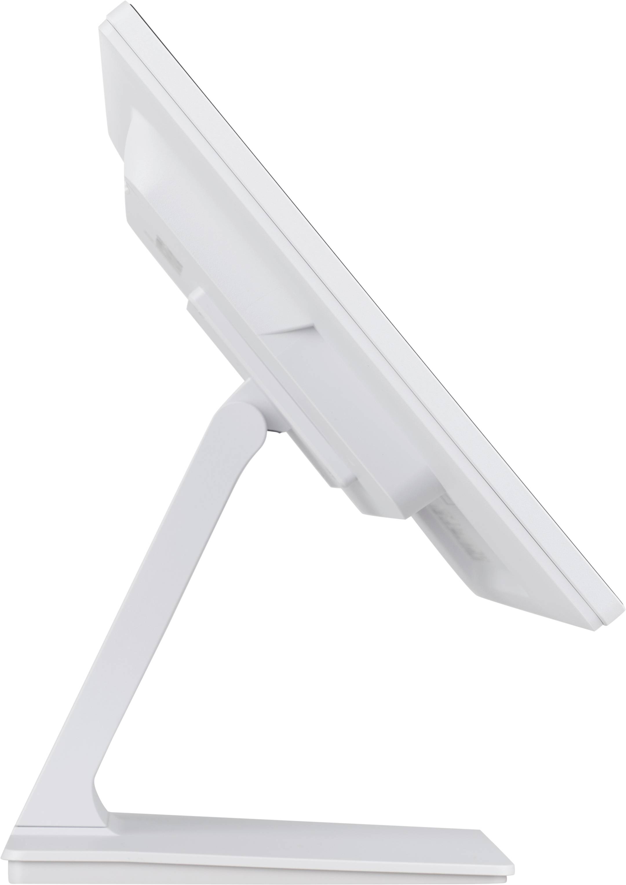 Een witte monitor van opzij, toont het slanke ontwerp en de stabiele voet.