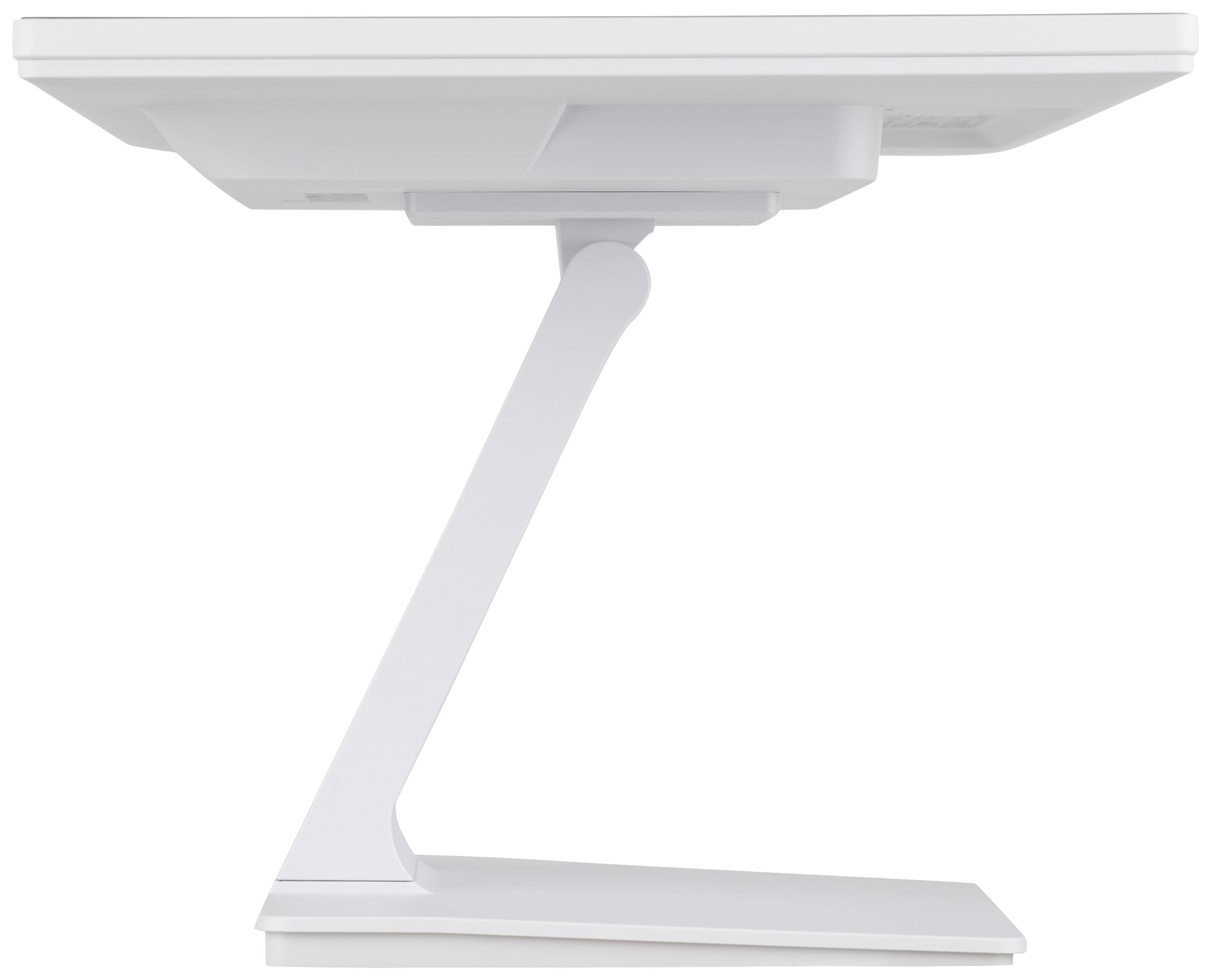 Een moderne, witte computermonitor met een slanke, minimalistische vormgeving, zijaanzicht, toont een stabiele standaard.