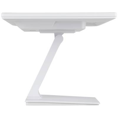 Een moderne, witte computermonitor met een slanke, minimalistische vormgeving, zijaanzicht, toont een stabiele standaard.