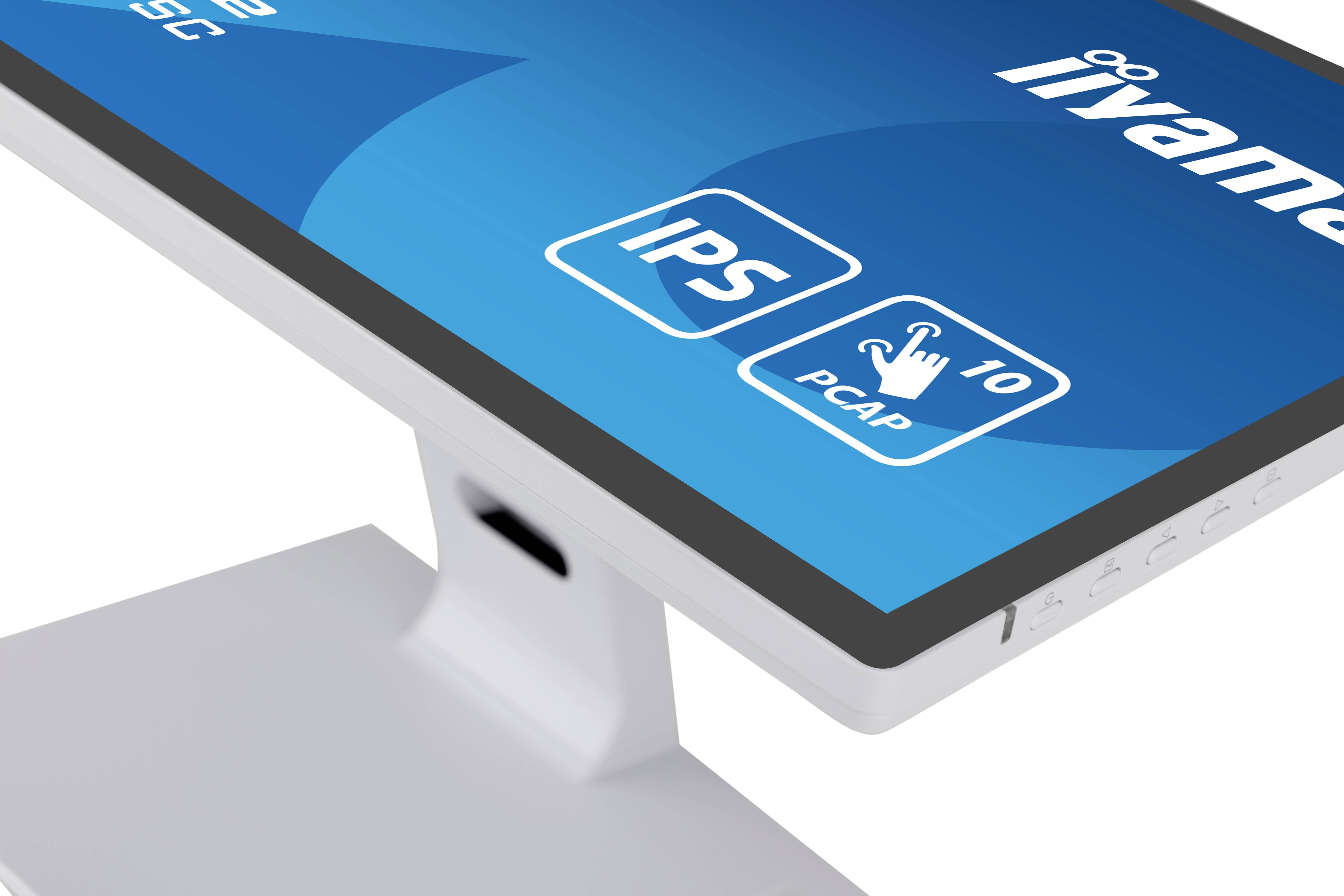 Afbeelding toont een witte monitor met een blauw scherm. Hierop zijn symbolen voor 'IPS' en '10 PCAP' Touch-technologie, merk rechtsboven.