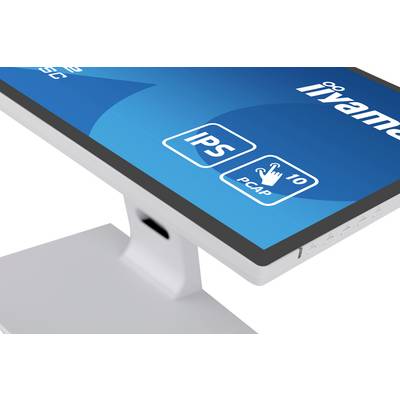 Afbeelding toont een witte monitor met een blauw scherm. Hierop zijn symbolen voor 'IPS' en '10 PCAP' Touch-technologie, merk rechtsboven.