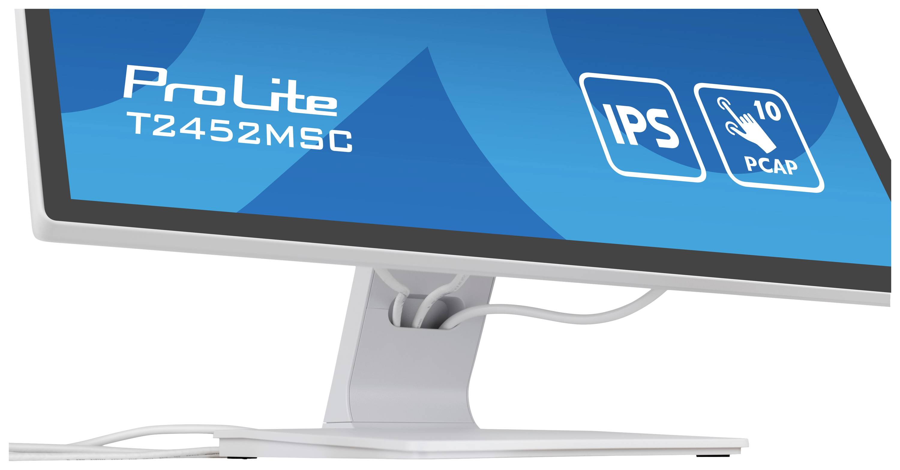 Een computermonitor met het opschrift 'ProLite T2452MSC', toont symbolen voor IPS-technologie en tien-punts touchscreen-bediening.