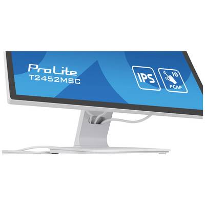 Een computermonitor met het opschrift 'ProLite T2452MSC', toont symbolen voor IPS-technologie en tien-punts touchscreen-bediening.