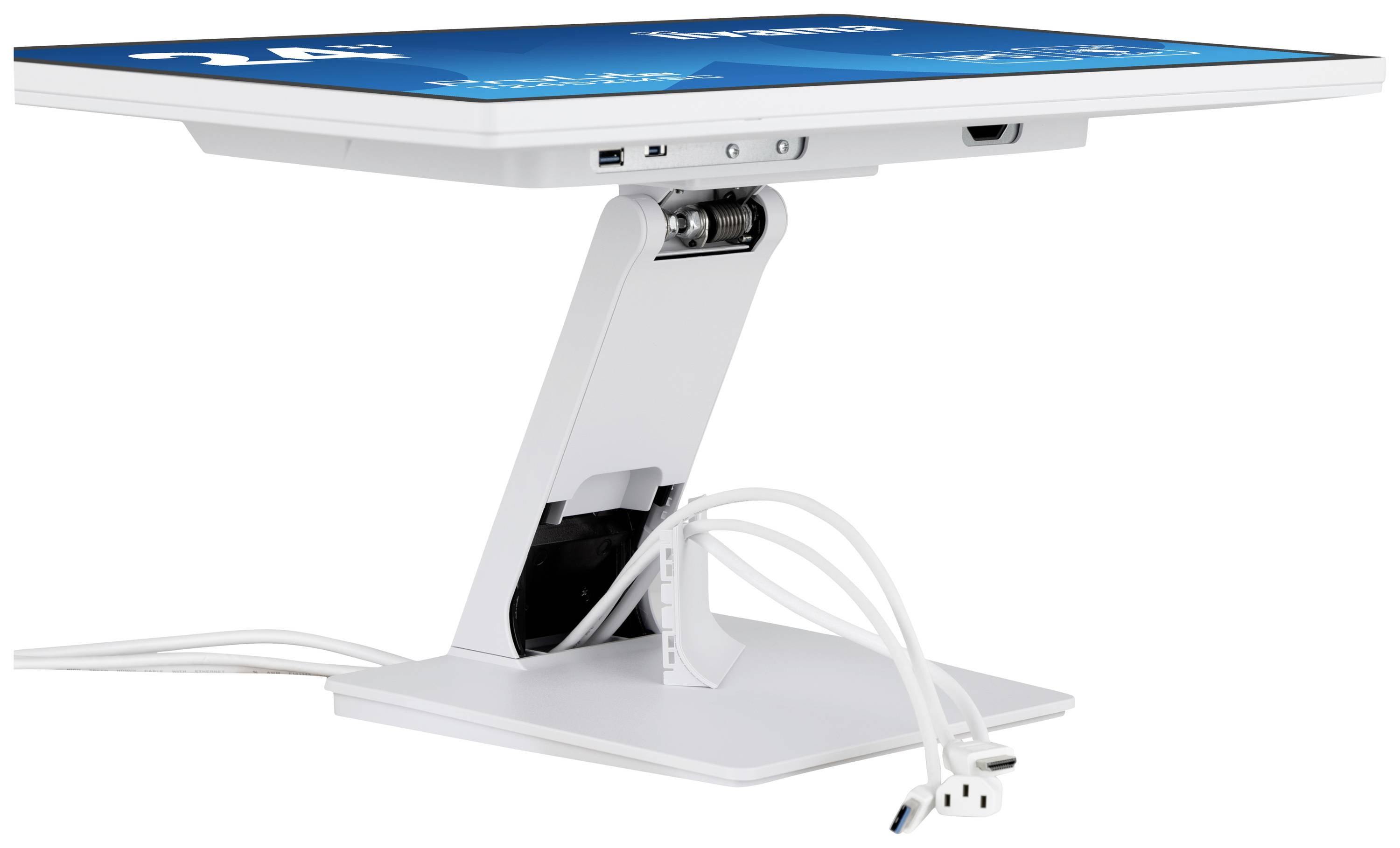 Een tafel met geïntegreerd scherm en USB-poorten; witte kabels zijn daaronder zichtbaar.