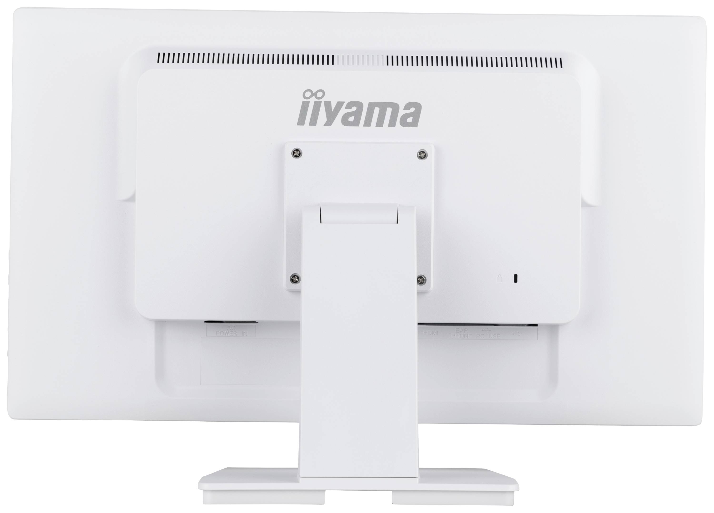 Achteraanzicht van een witte desktopmonitor met standaard, merknaam zichtbaar aan de achterkant.