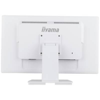 Achteraanzicht van een witte desktopmonitor met standaard, merknaam zichtbaar aan de achterkant.