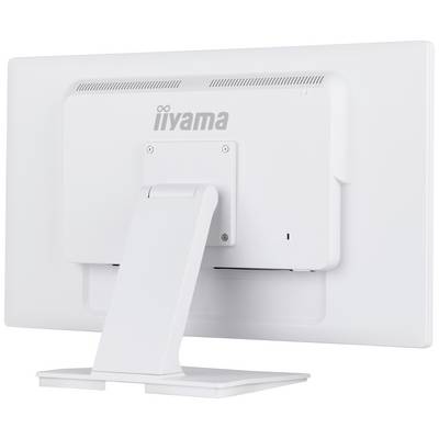 Achteraanzicht van een witte computermonitor met het 'iiyama'-logo in het midden, gemonteerd op een stevige standaard.