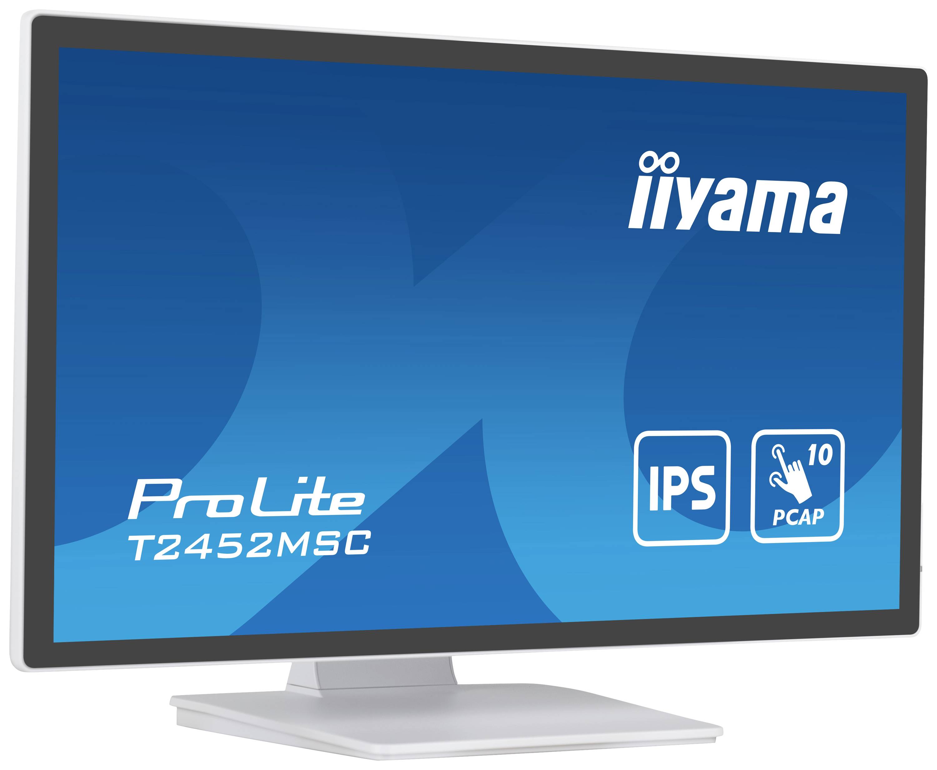 Een iiyama computermonitor met de aanduiding 'ProLite T2452MSC'. Het scherm toont symbolen voor 'IPS' en '10 PCAP'.