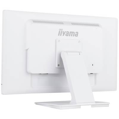 Achterzijde van een witte computermonitor met het merknaam bovenaan. De standaard is centraal geplaatst.