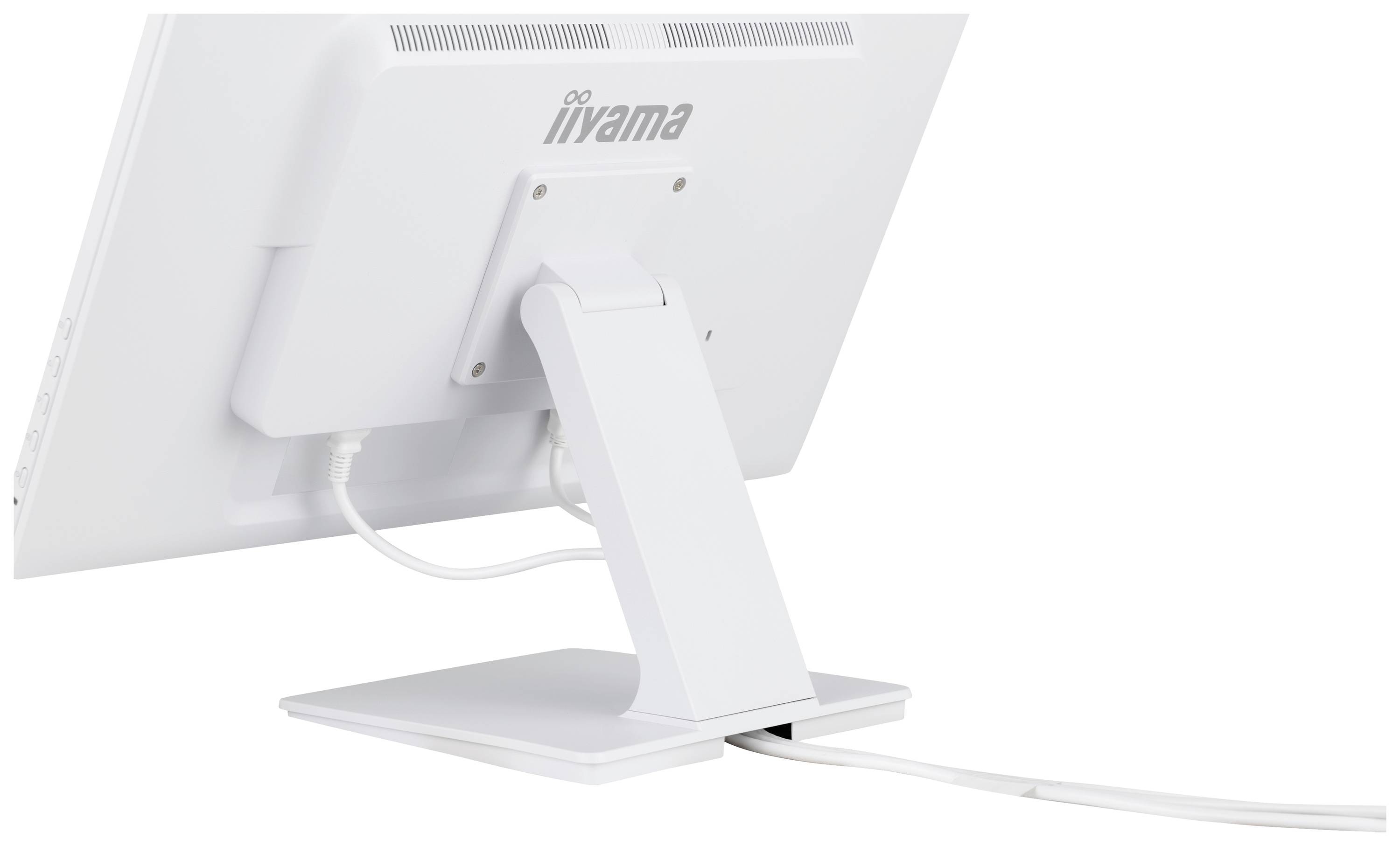 Een witte computermonitor van achteren, merk zichtbaar. De standaard is stevig, het aansluitkabel loopt naar beneden en terug.
