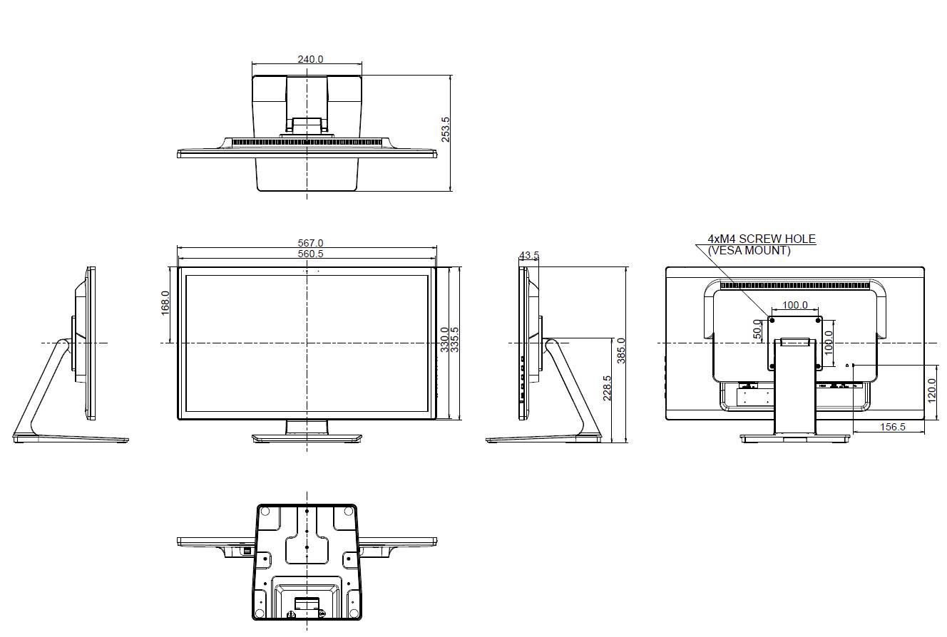 Technische tekening van een monitor met afmetingen en aanzichten van voren, boven, zijkant en achterkant. Maten in millimeters weergegeven.