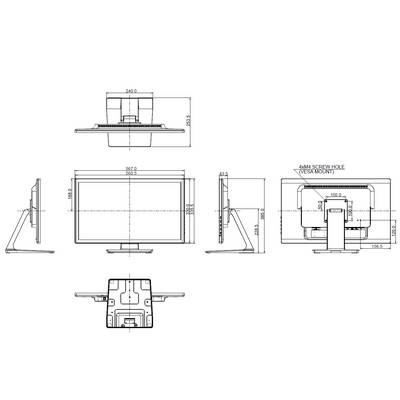 Technische tekening van een monitor met afmetingen en aanzichten van voren, boven, zijkant en achterkant. Maten in millimeters weergegeven.