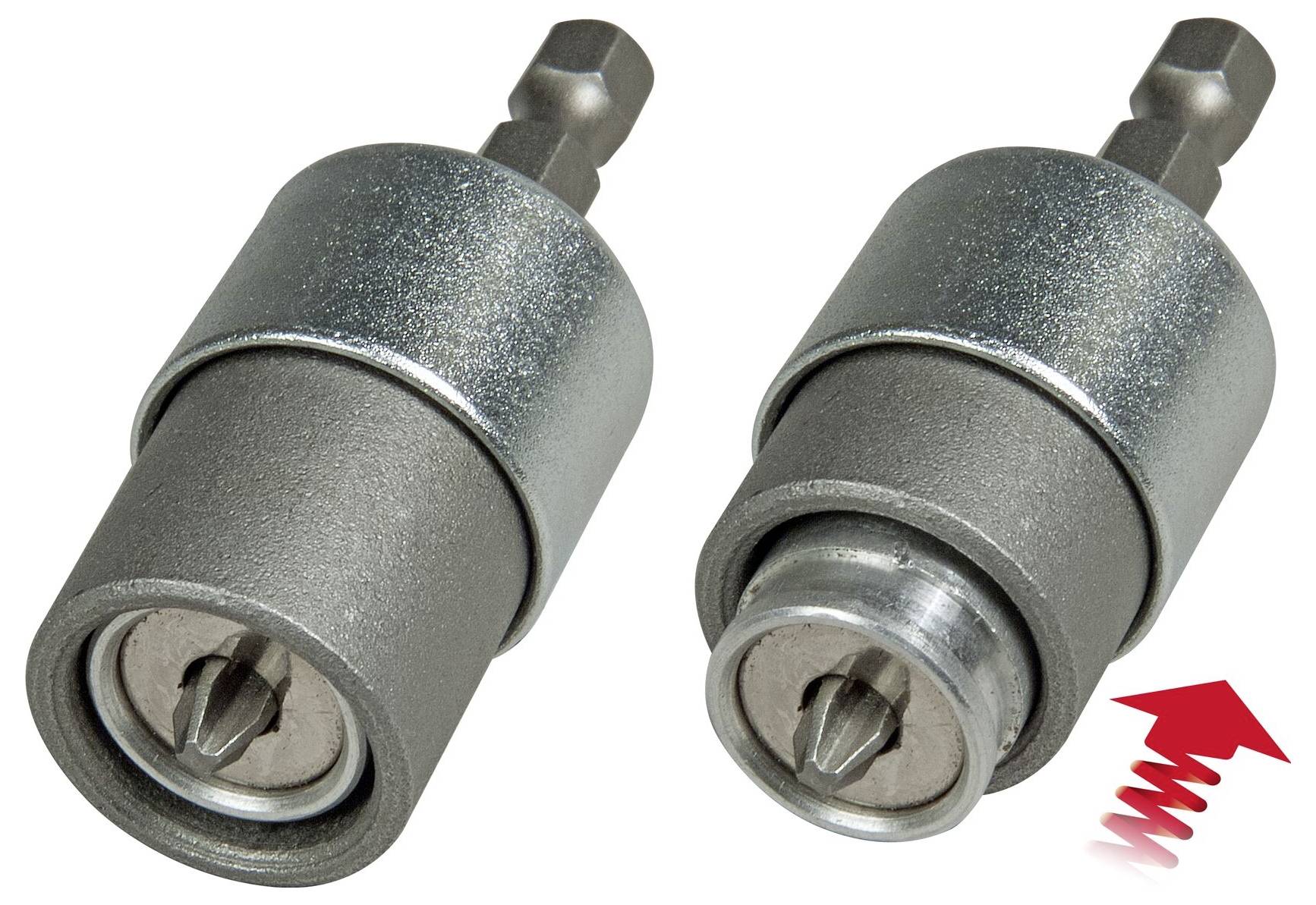 Twee zilveren metalen adapters met zeshoekige uiteinden en een rode pijl die naar de rechter adapter wijst om beweging voor te stellen.