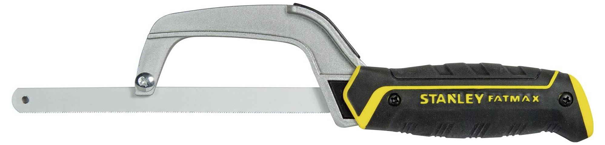 Handzaag met zwarte handgreep en gele opdruk 'STANLEY FATMAX', geschikt voor kleine zaagwerkzaamheden.