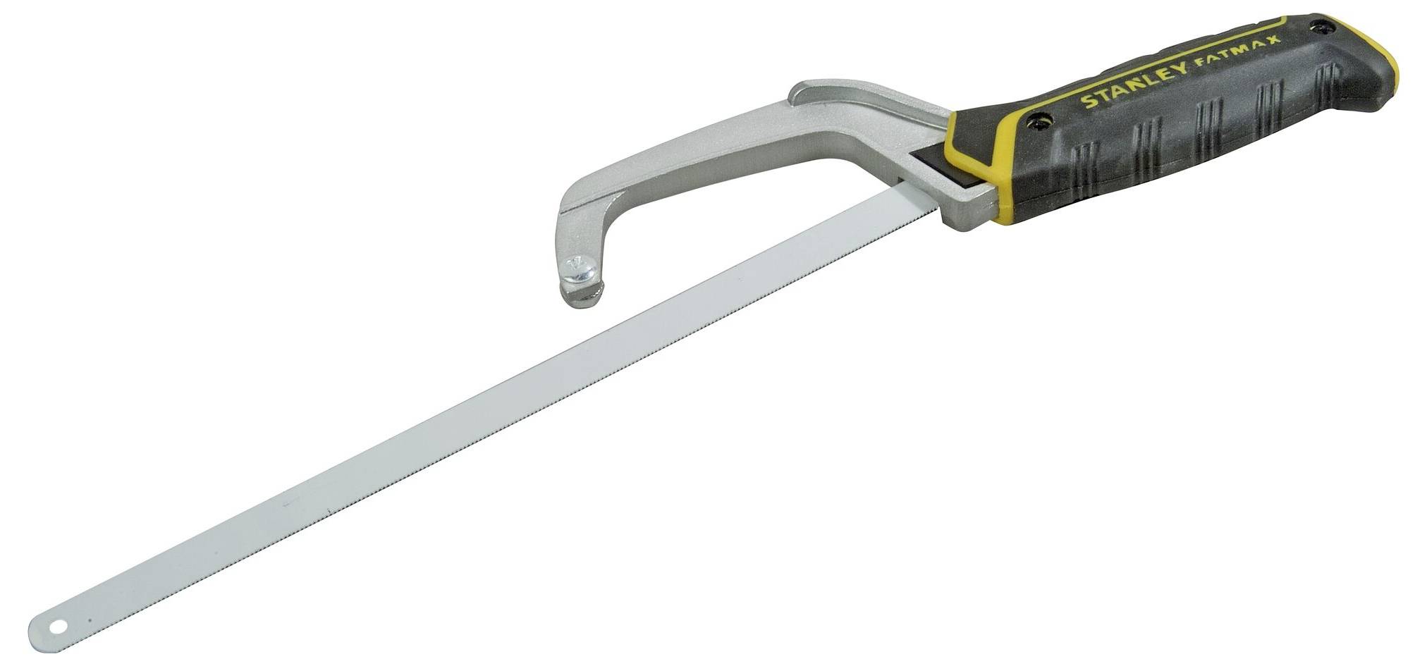 Beugelzaag met grijze metalen frame en zwarte handgreep; geschikt voor het zagen van materialen zoals hout en metaal.