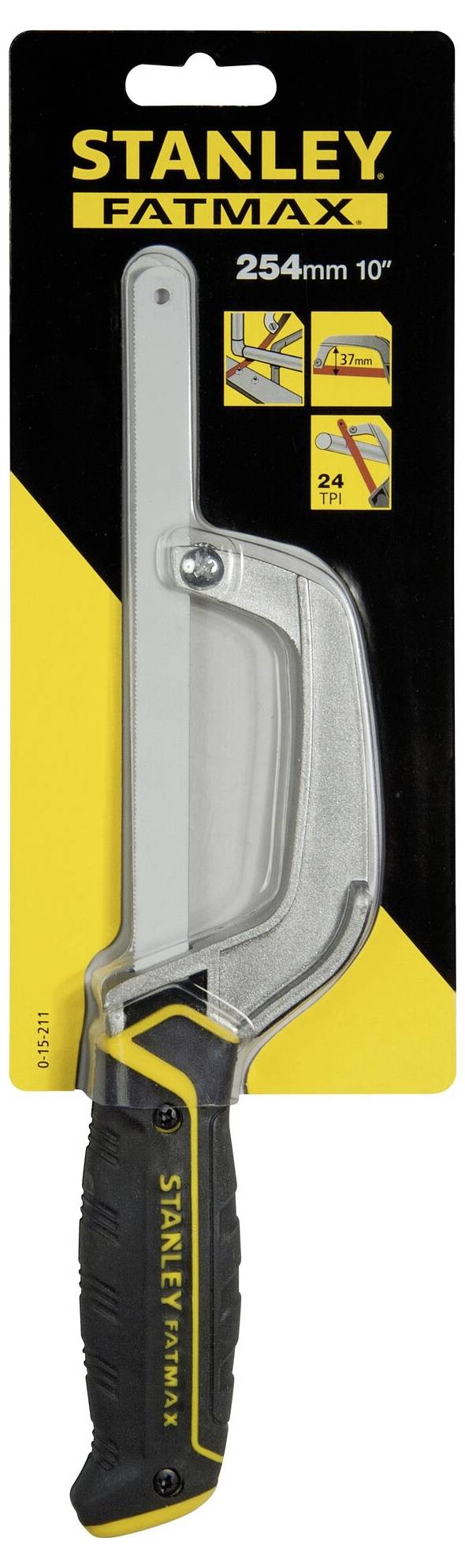 Een beugelzaag van 'Stanley FatMax' met een gebogen handgreep, gepresenteerd op een gele verpakking. Bladlengte: 254 mm.