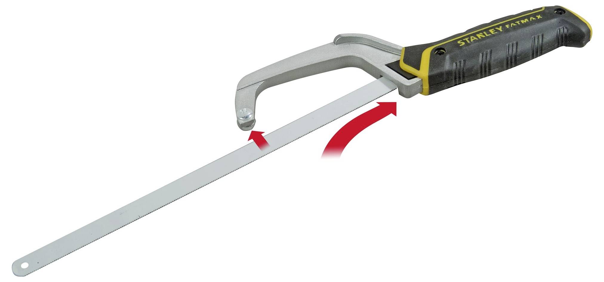 Metaalzaag met ergonomische greep en verstelbaar frame, geschikt voor het zagen van metalen buizen en staven.