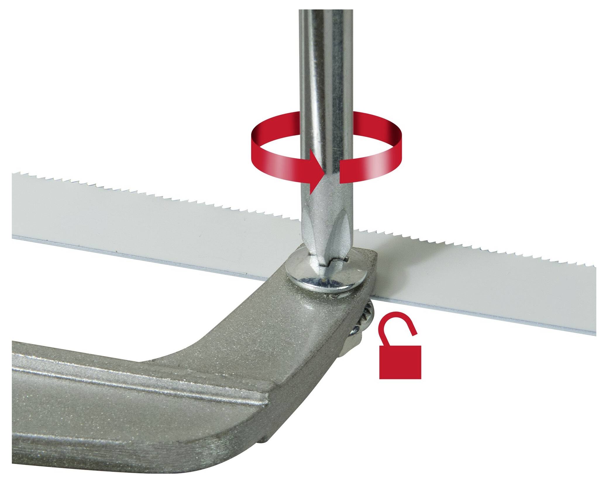 Metalen frame met ingebouwd zaagblad; rode pijlen en een open slot-symbool tonen een eenvoudige demontage.