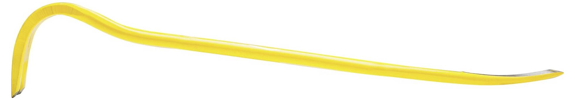 Gele koevoet op een witte achtergrond, met een gebogen uiteinde links. Gereedschap voor hefboom- of sloopwerkzaamheden.