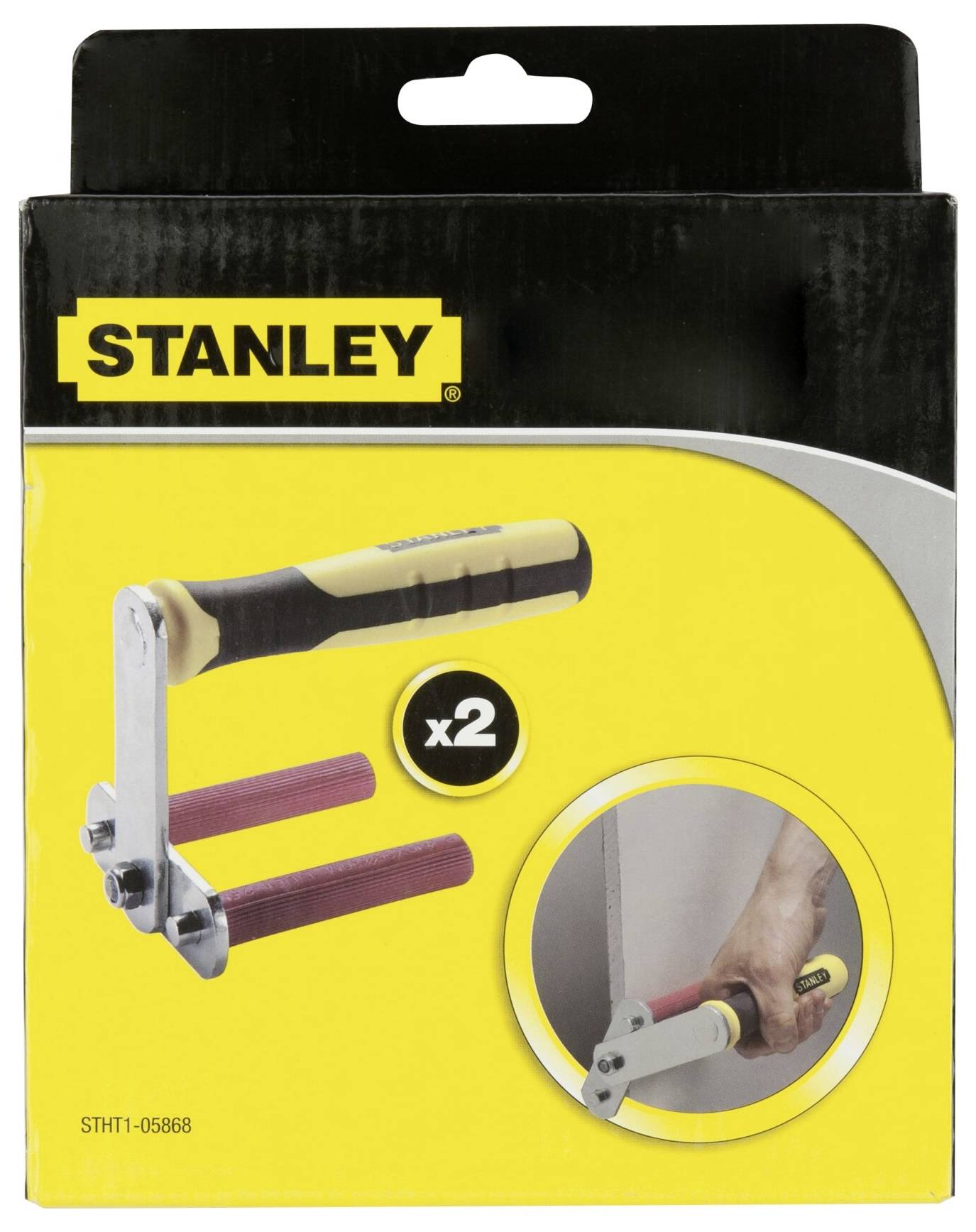 Verpakking van een set van twee Stanley-handgereedschappen voor het dragen van gipsplaten met een afbeelding van de gebruikswijze.