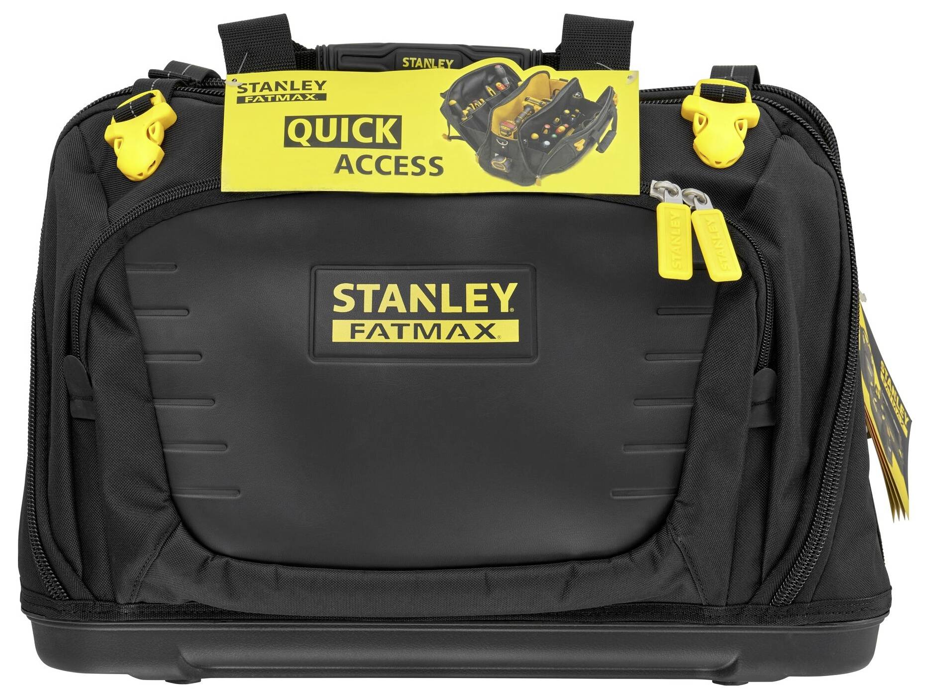Een zwarte gereedschapstas van Stanley FatMax met een geel "Quick Access"-etiket en gele ritsen.