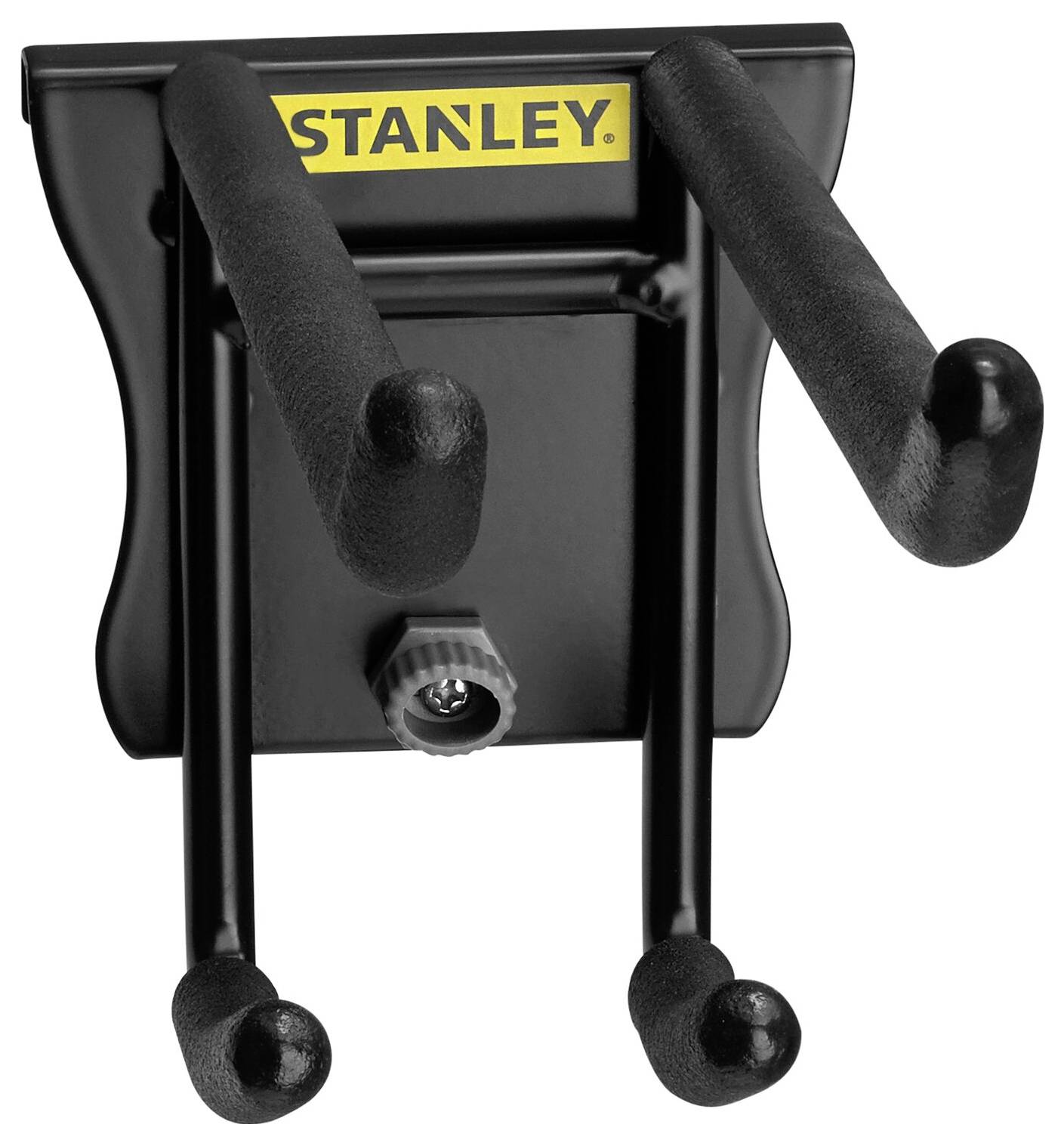 Zwarte muurhouder van Stanley met twee lange en twee korte armen. Ideaal voor het ophangen van gereedschappen of tuingereedschap.
