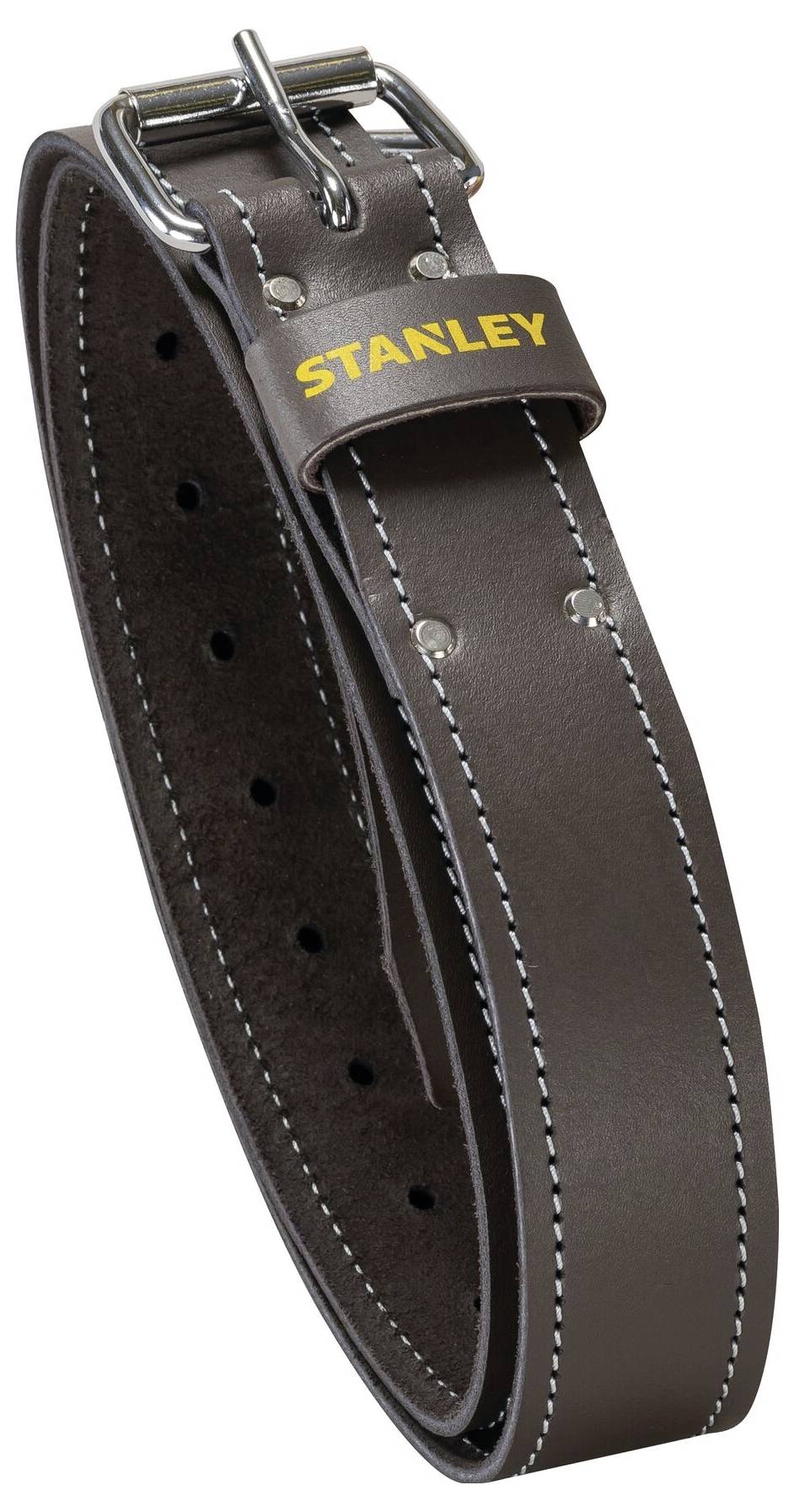 Bruine leren riem met zilveren gesp, 'STANLEY' in geel op de lus.