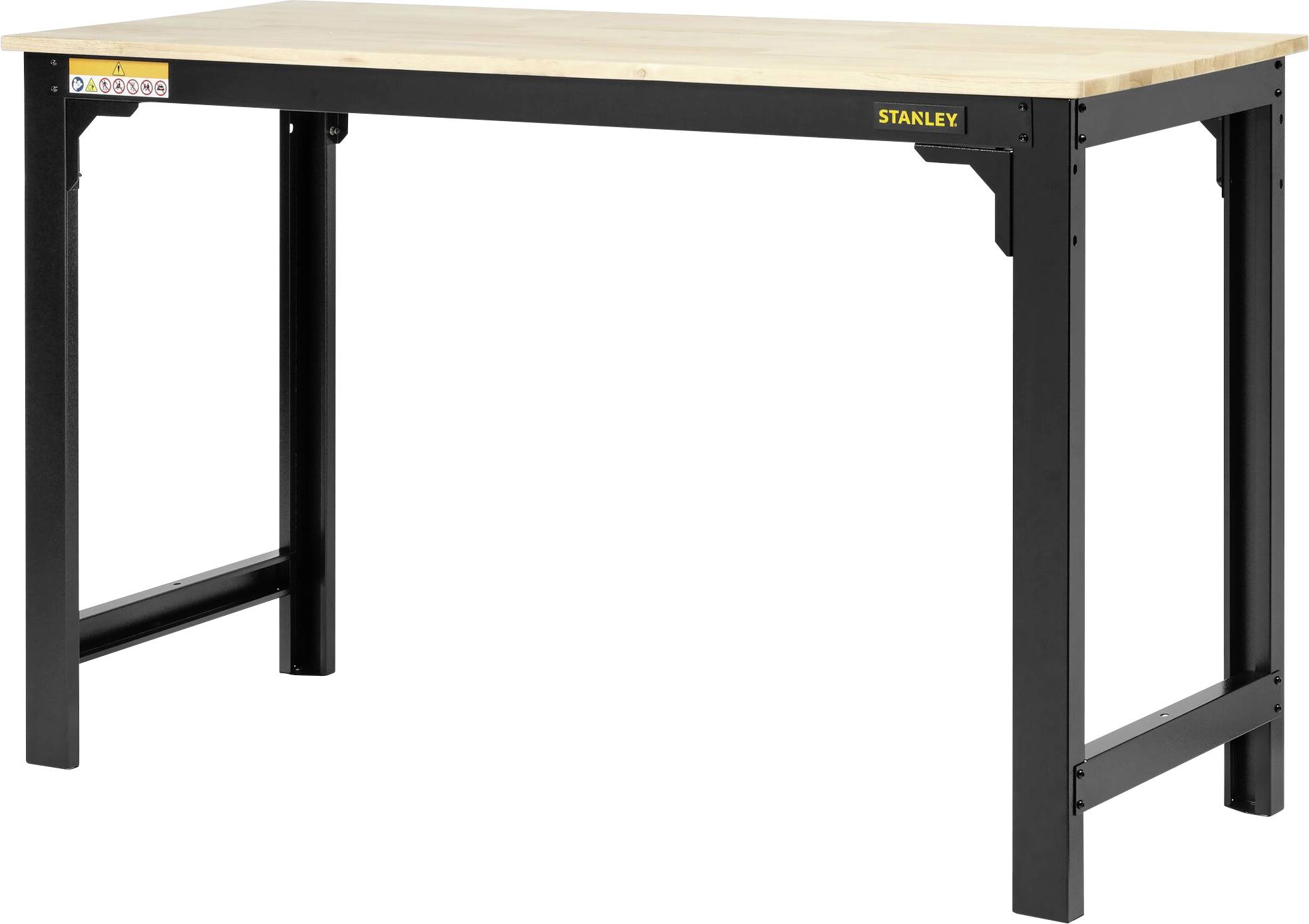 Zwarte werktafel met een lichtbruine houten bovenplaat; stevig frame en vier poten.