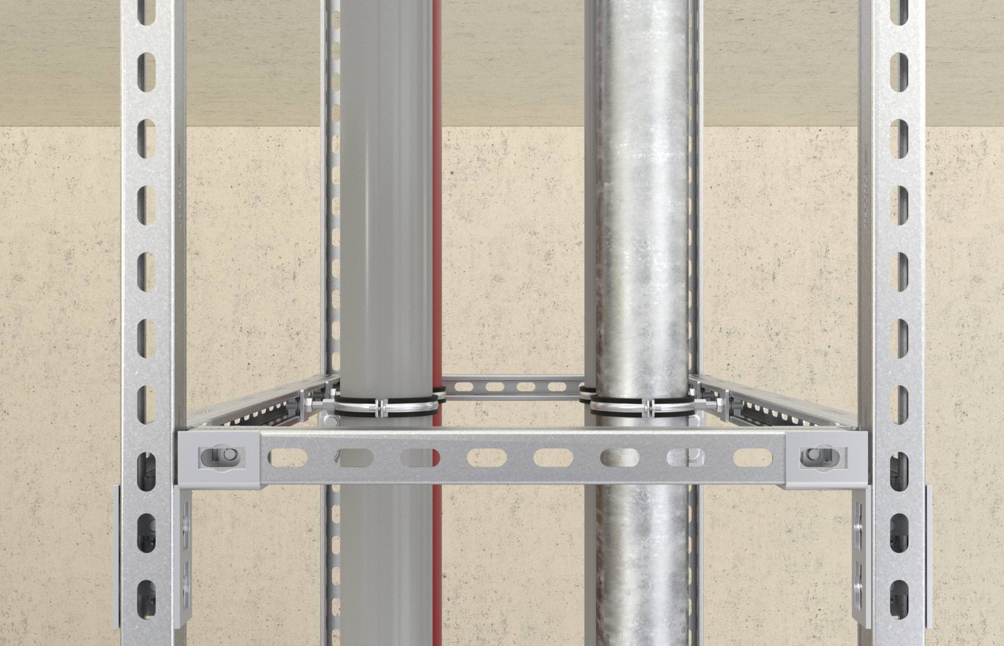 Metalen rek met verticale en horizontale schoren, gemonteerd aan een muur. Geschikt voor zware lasten en industrieel gebruik.