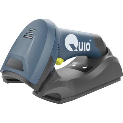 'Handscanner QuiO in laadstation, blauw-grijs design. Geschikt voor barcodescans in de detailhandel of magazijnbeheer.'