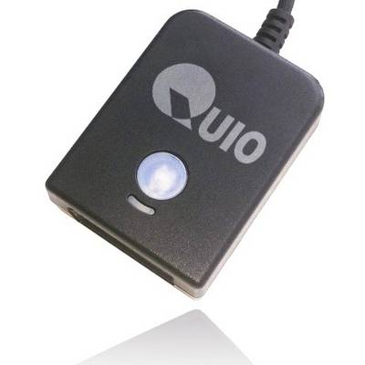 Zwart rechthoekig apparaat met een ronde knop en het logo 'QUIO' erop, verbonden met een kabel.