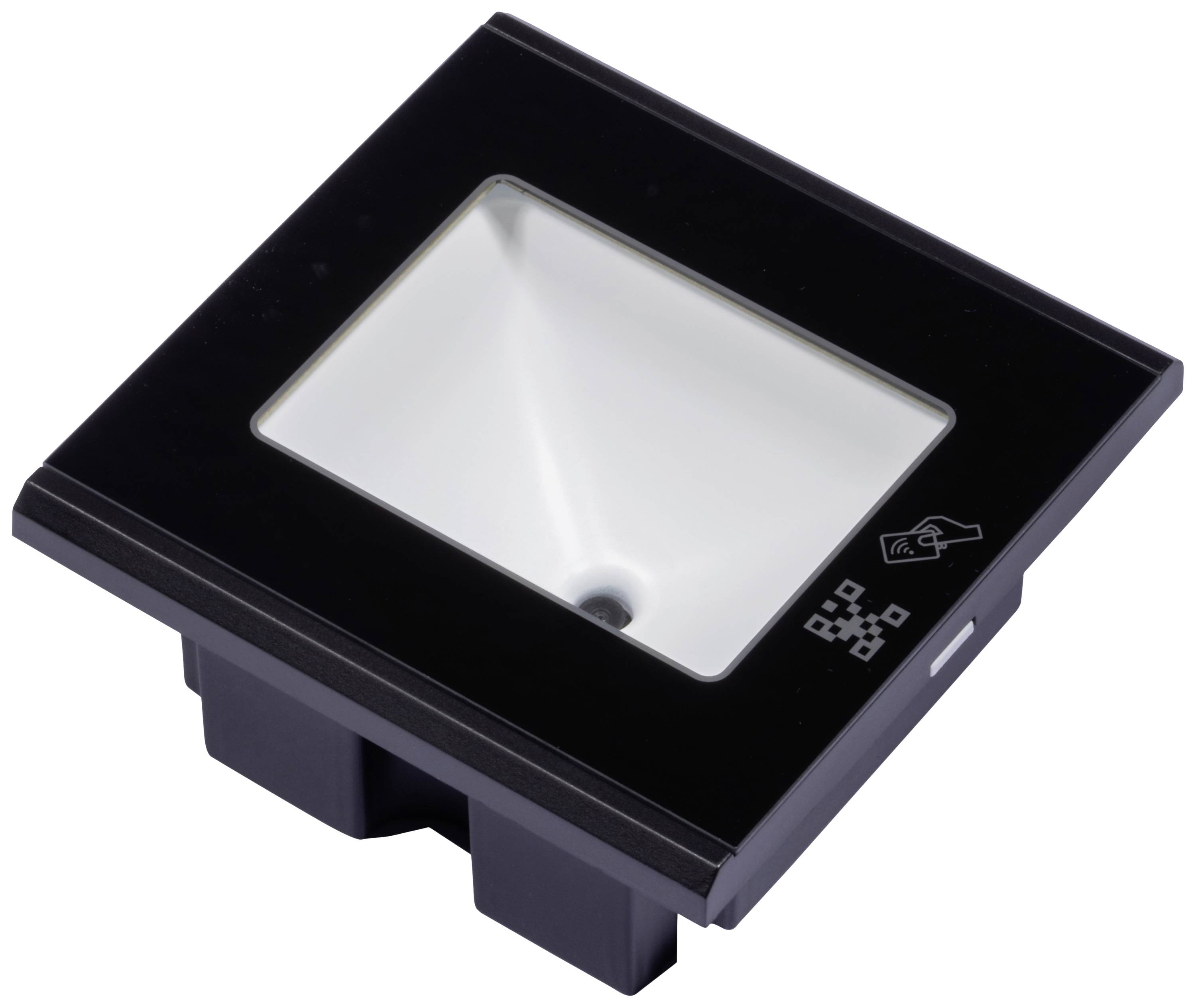 Een zwart en wit, vierkaat elektronisch apparaat met een verlicht scherm en NFC-symbool, gebruikt voor contactloos scannen.