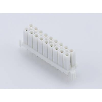 Een witte, rechthoekige elektrische connector met 16 aansluitingen, liggend op een lichte ondergrond.
