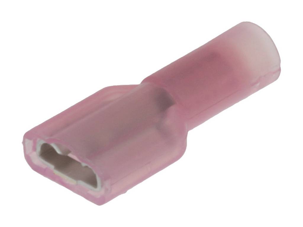 Roze kabelconnector met geïsoleerde mouw en metalen contact, geschikt voor de veilige verbinding van elektrische leidingen.