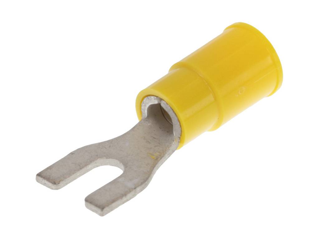 Een gele kabelstekker met metalen vorkklem, die wordt gebruikt voor elektrische verbindingen.