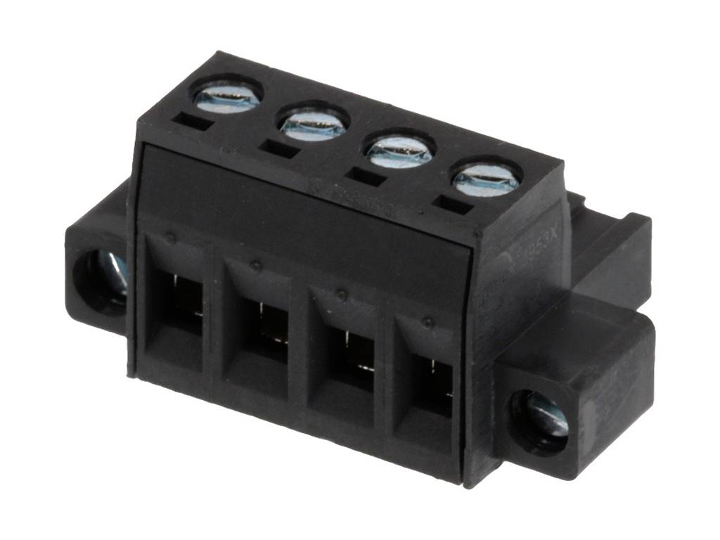 Zwarte elektrische aansluitrail met vier schroefklemmen, geschikt voor het aansluiten van draden of elektrische componenten.