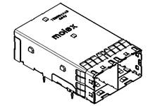 Bouwtekening van een elektrische stekkerverbinding van Molex, rechthoekige vorm met meerdere contacten en zijdelingse bevestigingssteun.