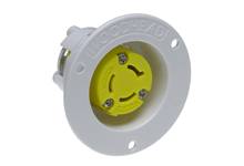 Een gele, ronde elektrische aansluiting in een witte, cirkelvormige houder met het opschrift 'WOODHEAD'.
